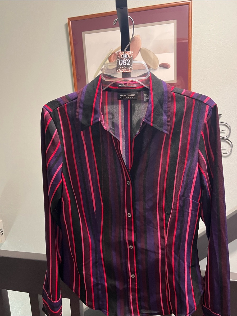 New York & Company Black Blouse with Pink and Purple Stripes Medium #092